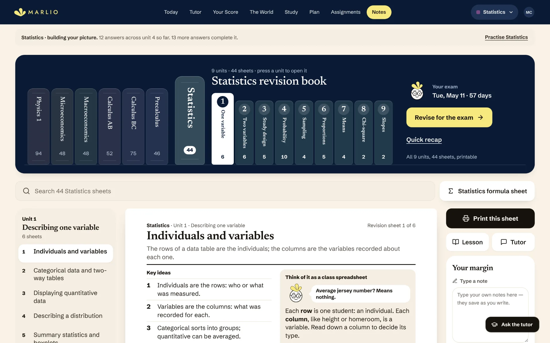 Notes for the sample student: the bookshelf of revision books, one per live course, opened to its unit sheets.
