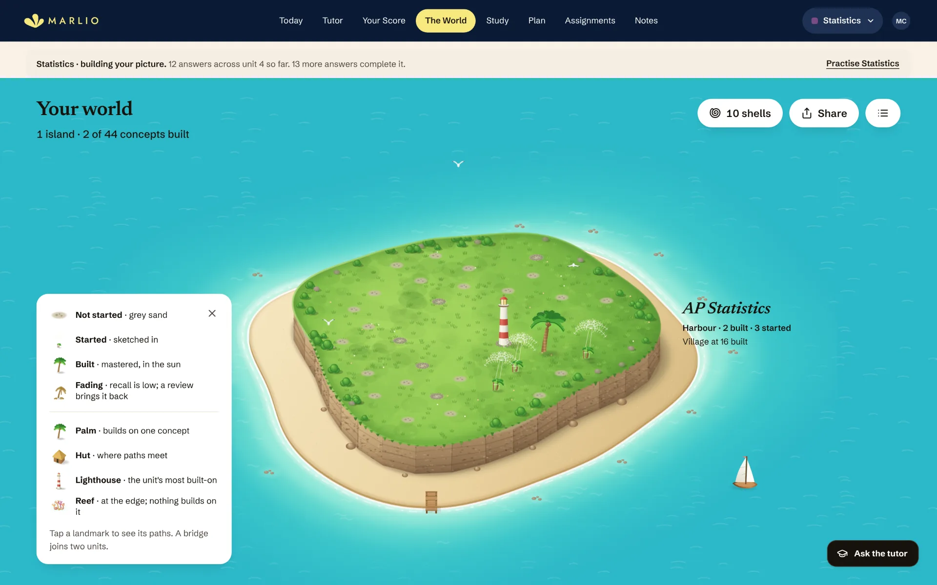 The World for the sample student: an island drawn from their course, each concept a landmark in its own state.