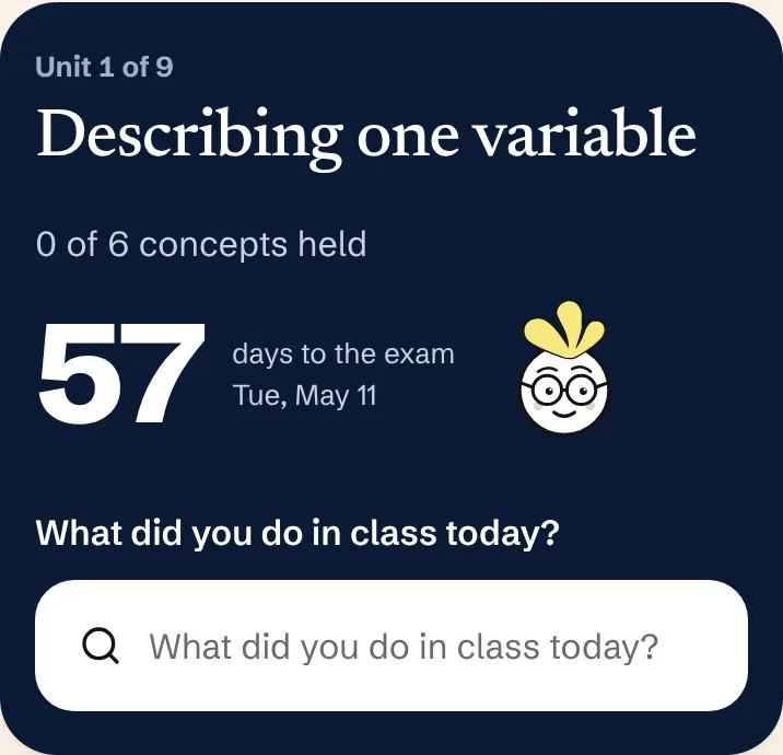 Study's unit card: Describing one variable, the days to the exam, the concepts held, and a box for what you did in class today.