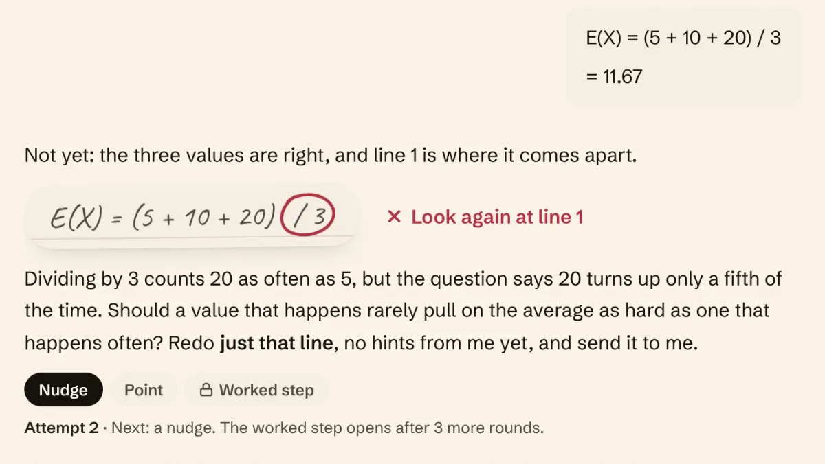 The Tutor on the sample student's account: their working, E(X) = (5 + 10 + 20) / 3, quoted back by hand with the division by 3 circled and the words look again at line 1, then a question about how often each value happens, a request to redo that line, and the help ladder at a nudge.